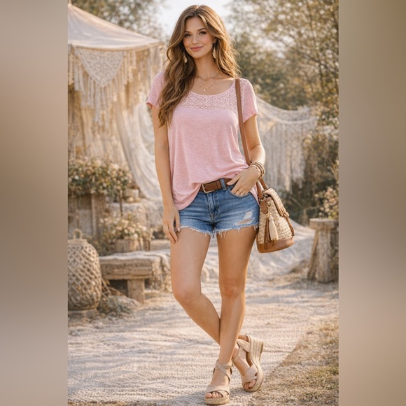 fresh Tops - Pink Crochet Lace Yoke Top Hi Low Short Sleeve Blouse Medium